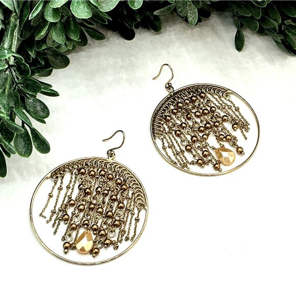 Gold Boho Dangle Hoop Earrings With Chain and Bead Fringe - Picture 2 of 5